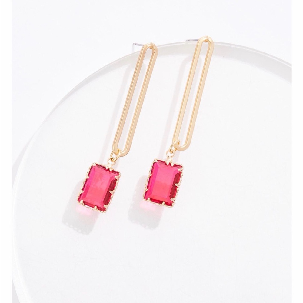 Gold Drop Earrings with Pink Emerald-Cut Stones